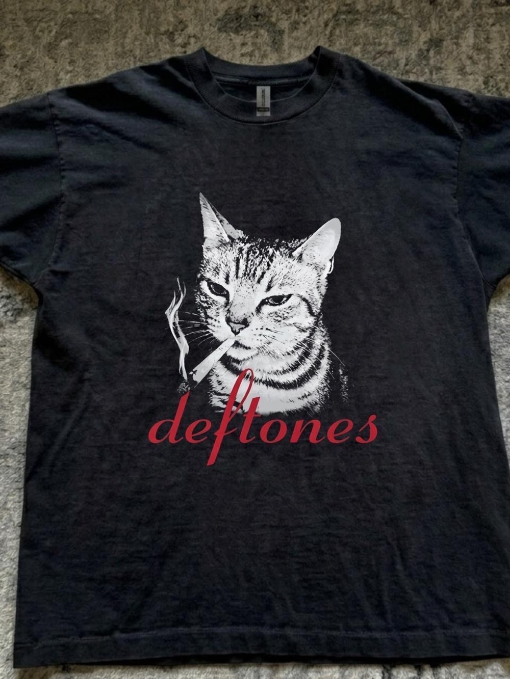 Gildan Black Tee with White Smoking Cat and Red Deftones Script